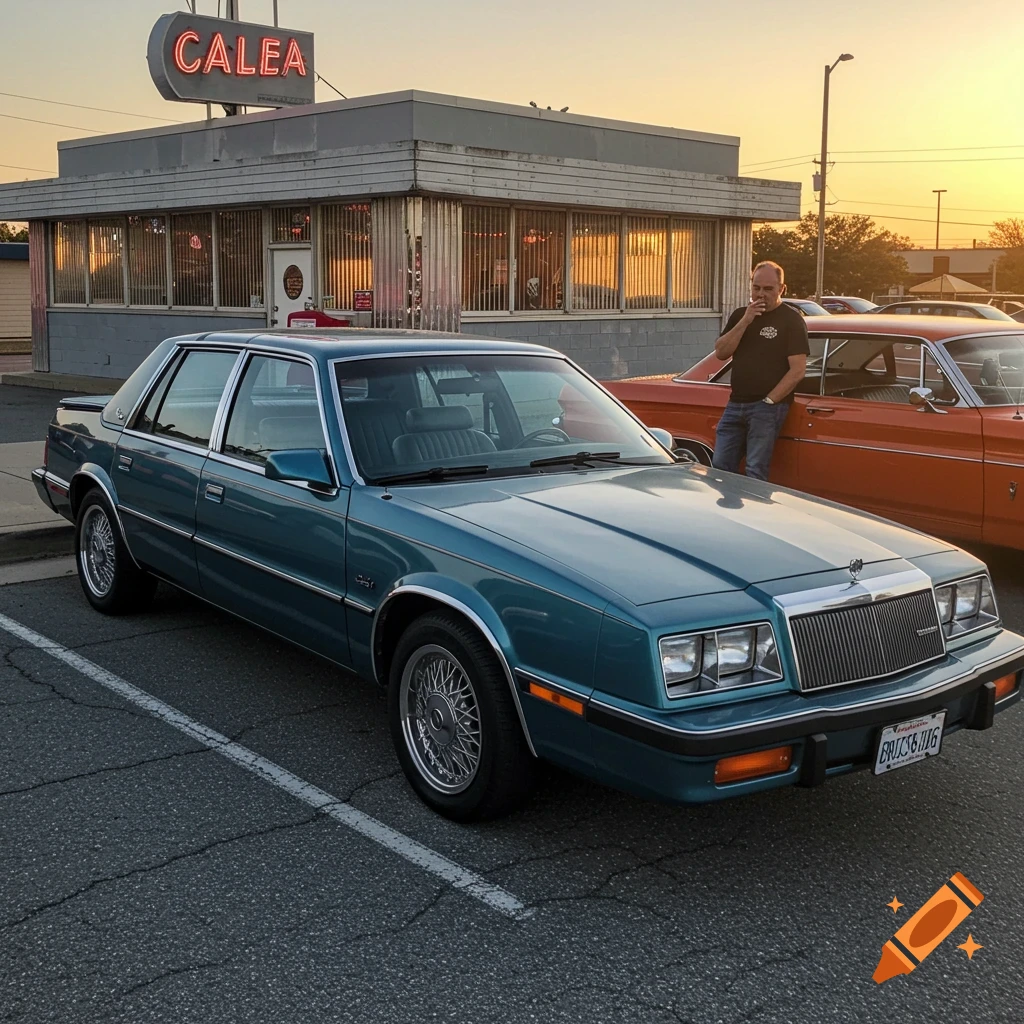 A teal sedan and orange car parked outside a diner at sunset with a man standing nearby.