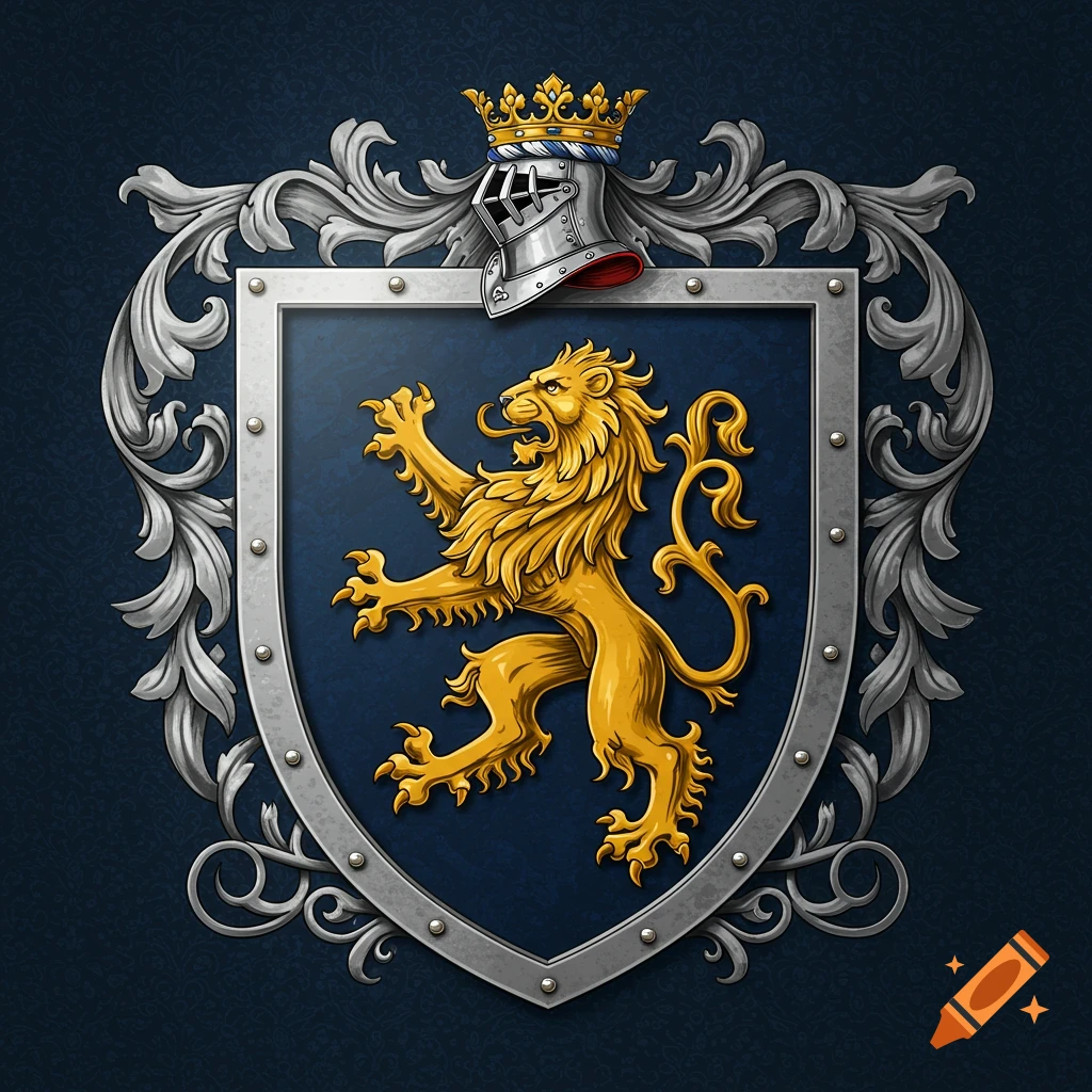 A detailed golden lion rampant on a blue shield with silver scrollwork, helmet, and crown.