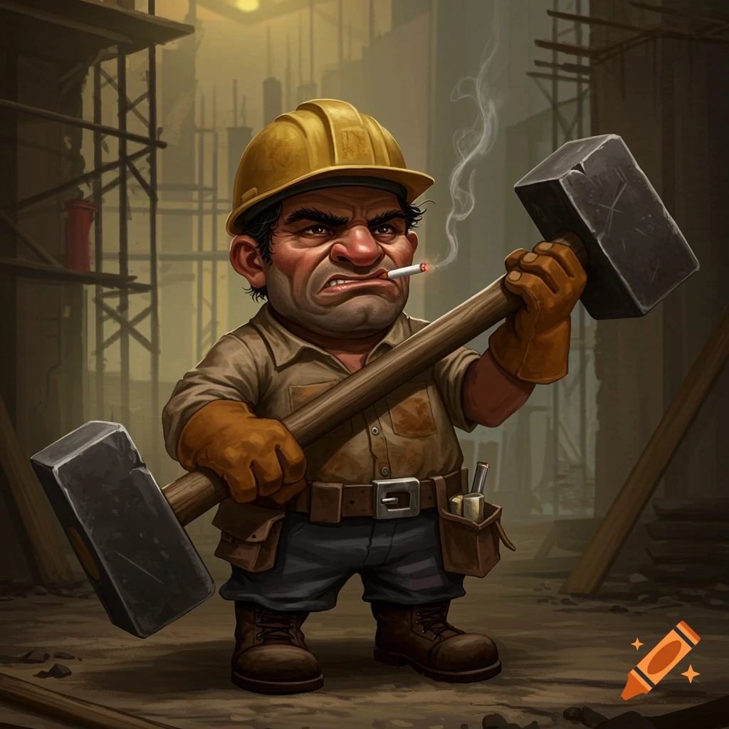 Cartoon construction worker with hard hat, smoking a cigarette, holding a large sledgehammer on a construction site.