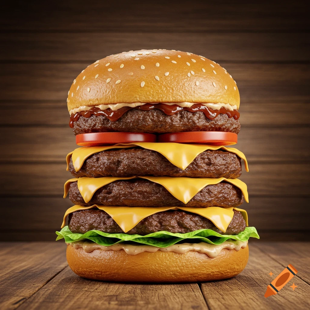 A tall photorealistic burger stacked on a wooden table.