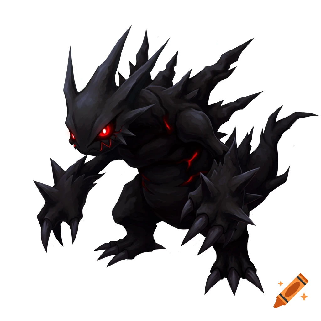 A menacing black spiky monster creature with glowing red eyes stands on a white background.