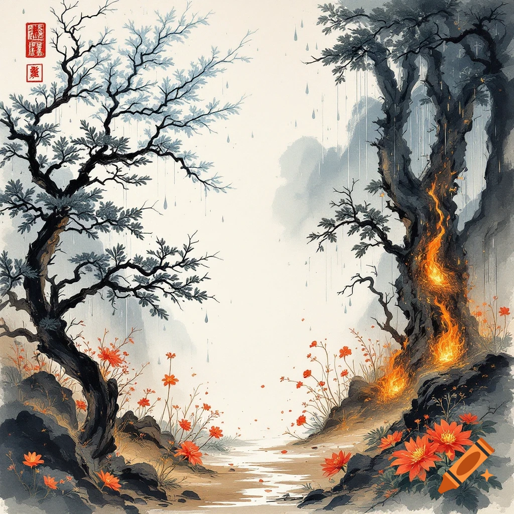 Chinese ink painting landscape with fiery tree, frosty tree, rain, and red wildflowers along a stream.