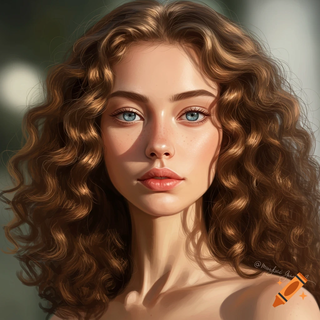 A realistic portrait of a woman with curly brown hair and blue eyes.