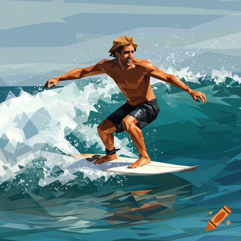 A surfer rides a wave in a cubist, low-poly art style.
