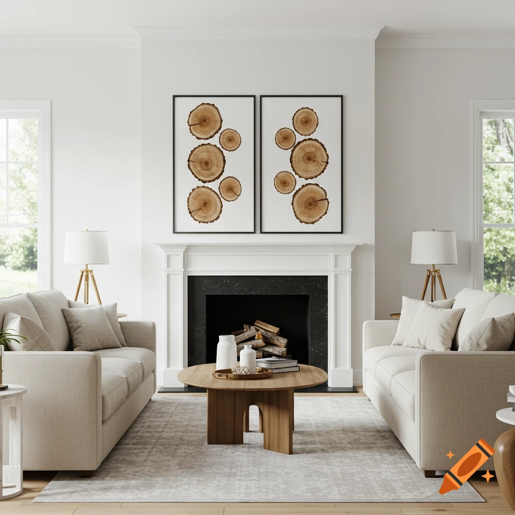 Living room with two sofas, fireplace, and framed wood slice art