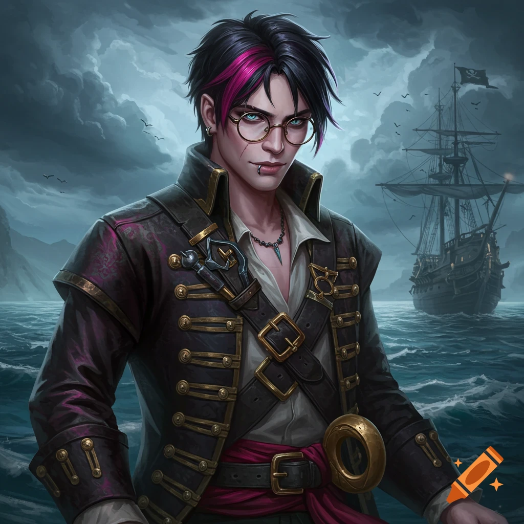A male character dressed as a pirate with pink hair and glasses stands by the sea with a ship in the background.