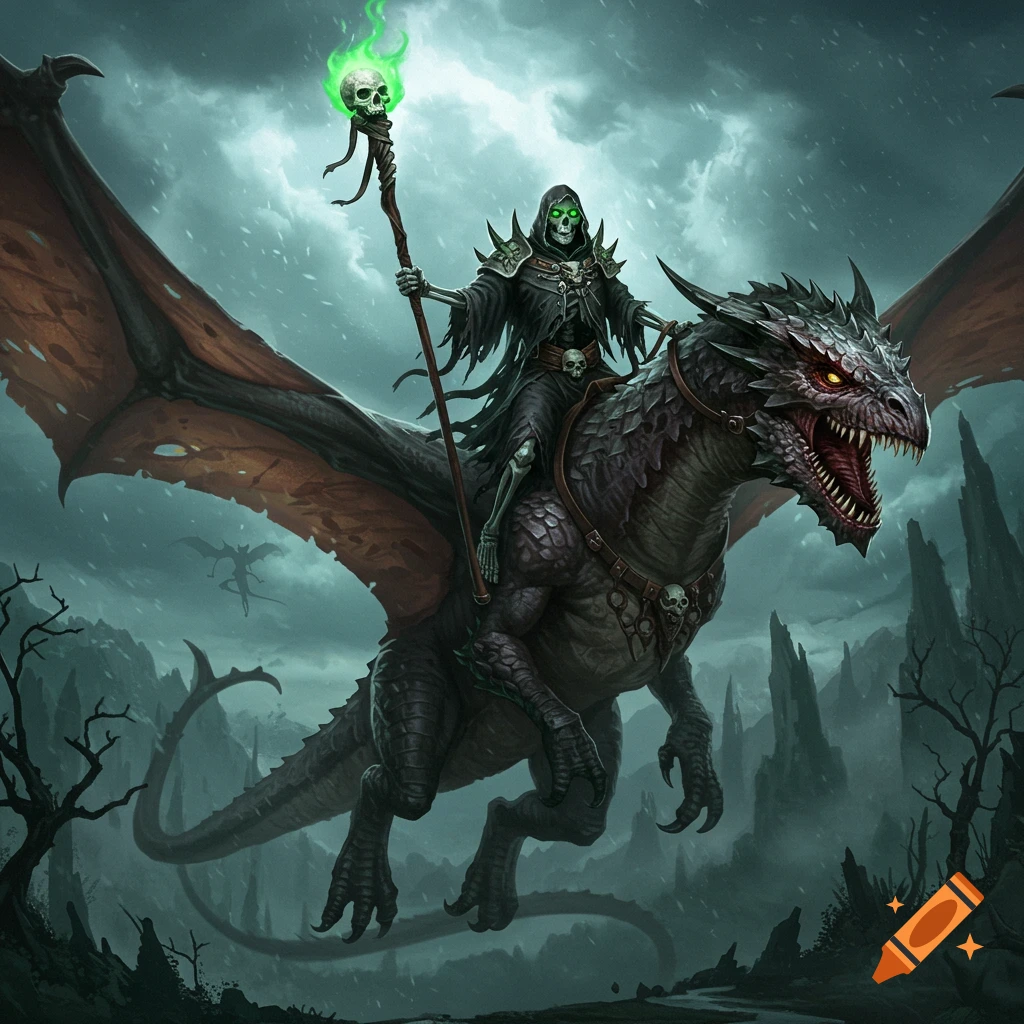 A skeleton necromancer rides a flying dragon through a stormy fantasy landscape illustration.
