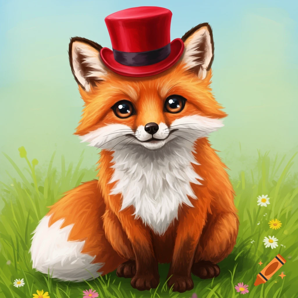 A cute cartoon fox wearing a red top hat sits in a grassy field with flowers.