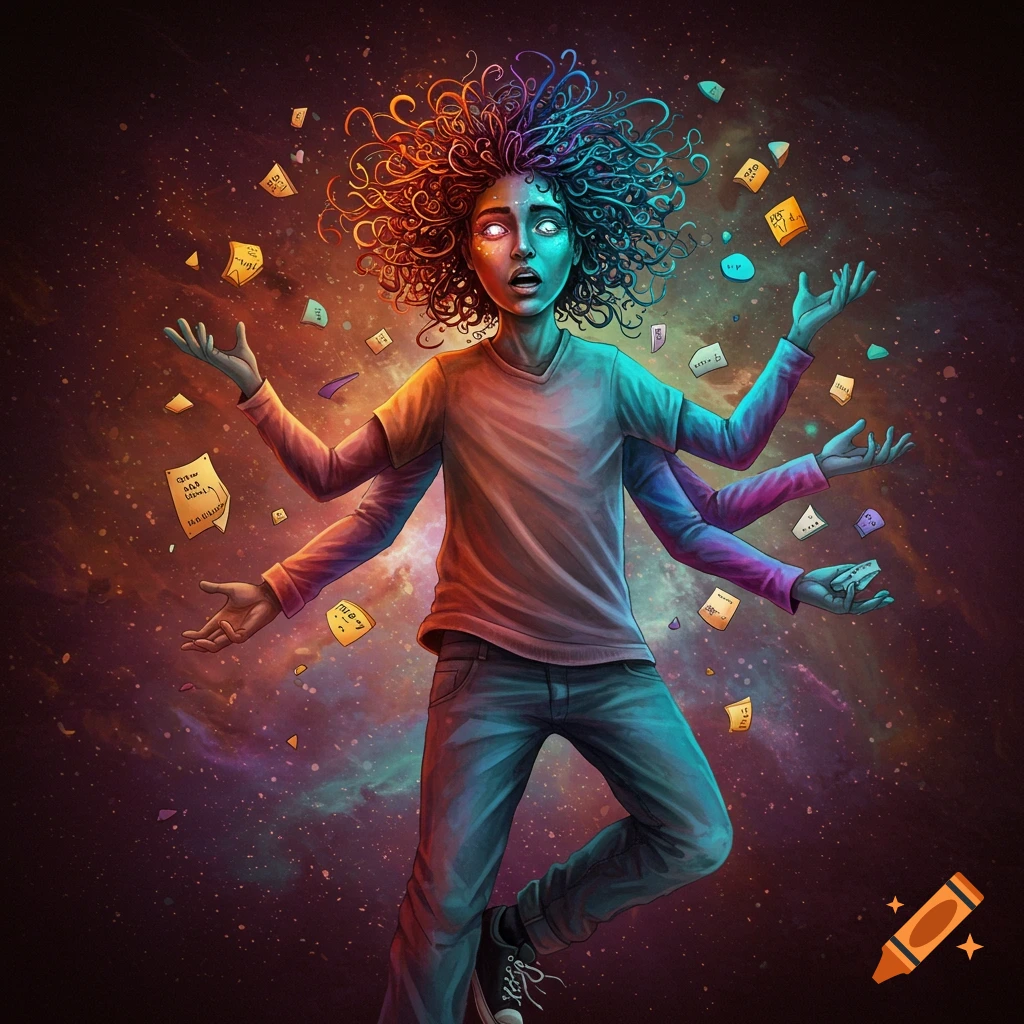 Stylized image of a multi-armed person floating in space among papers.