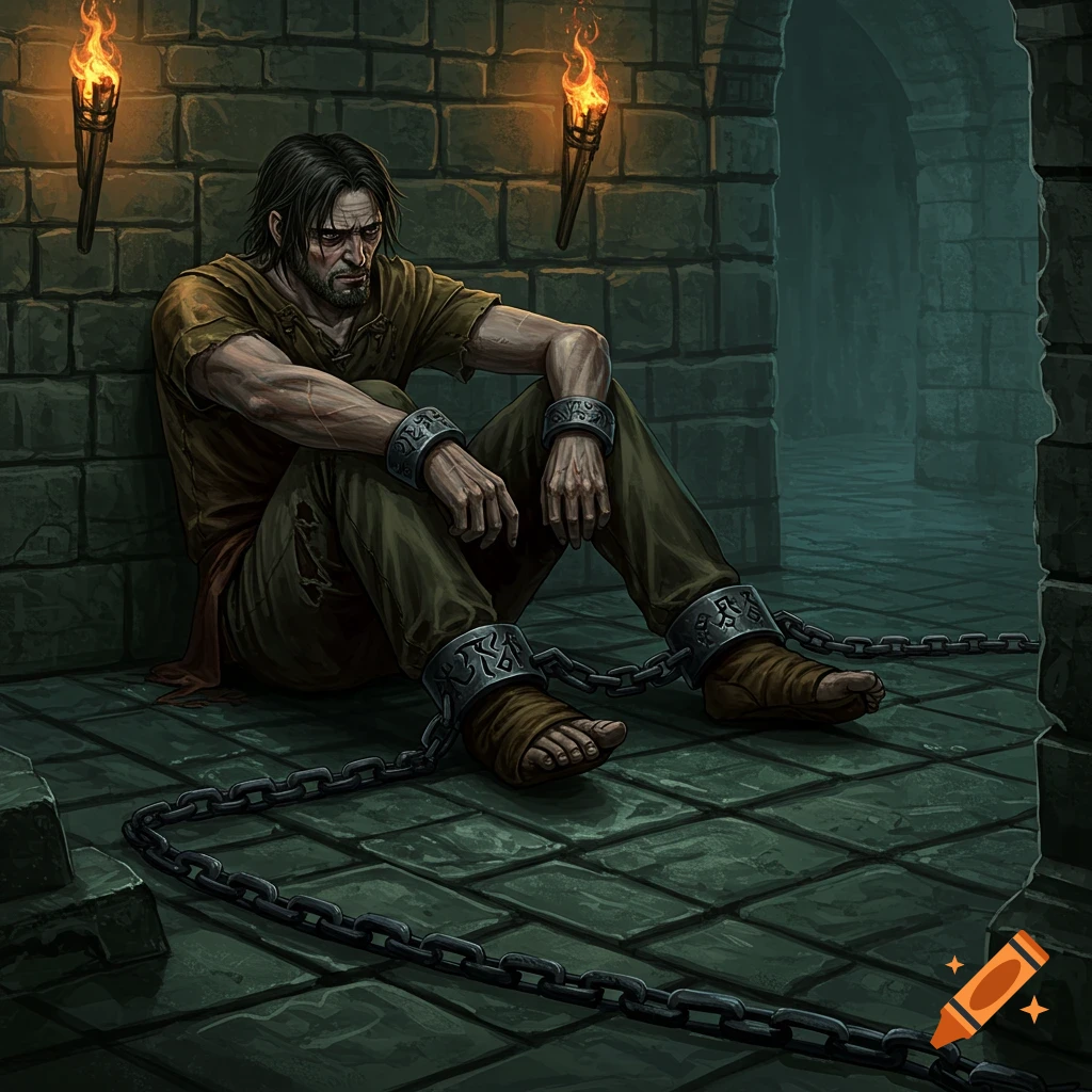 A man in chains sits on the floor of a stone dungeon, lit by torches.