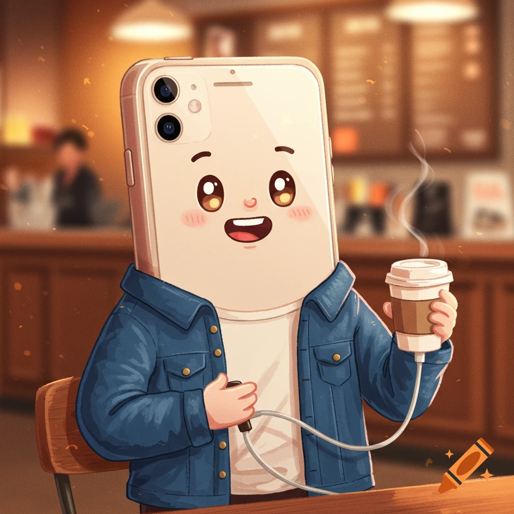 Cartoon iPhone character drinking coffee in a coffee shop