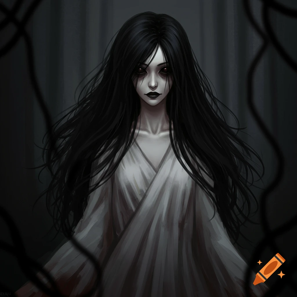 Illustration of a creepy woman with long black hair and dark eyes in a white garment.