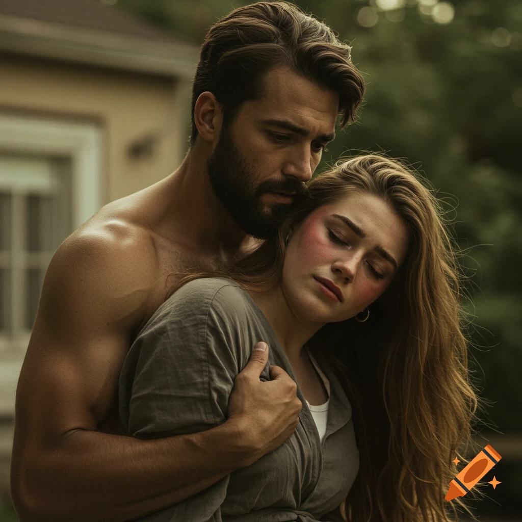 A photorealistic image of a man holding a woman who appears to be fainting.