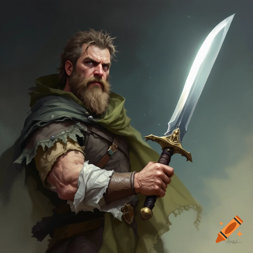 Fantasy warrior with beard holding a large sword.
