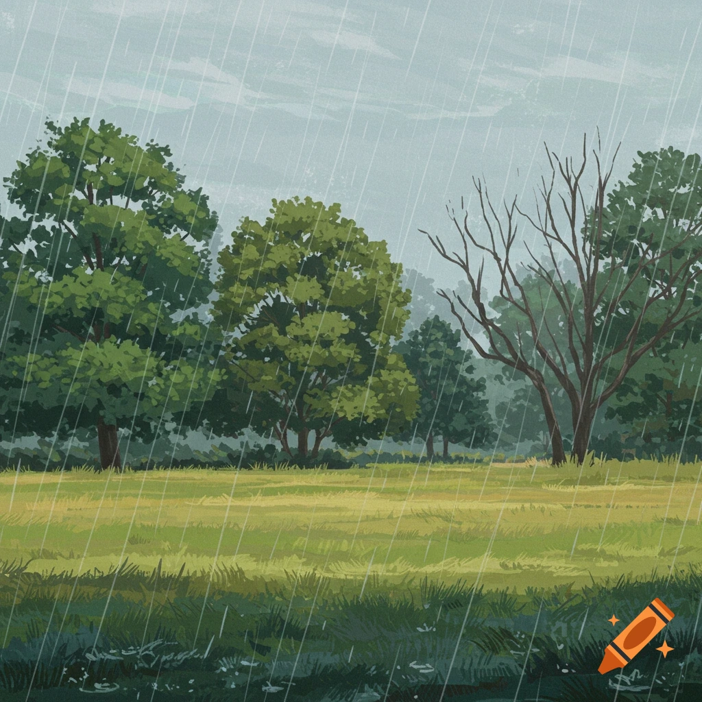 An illustration of a field and trees in the rain.