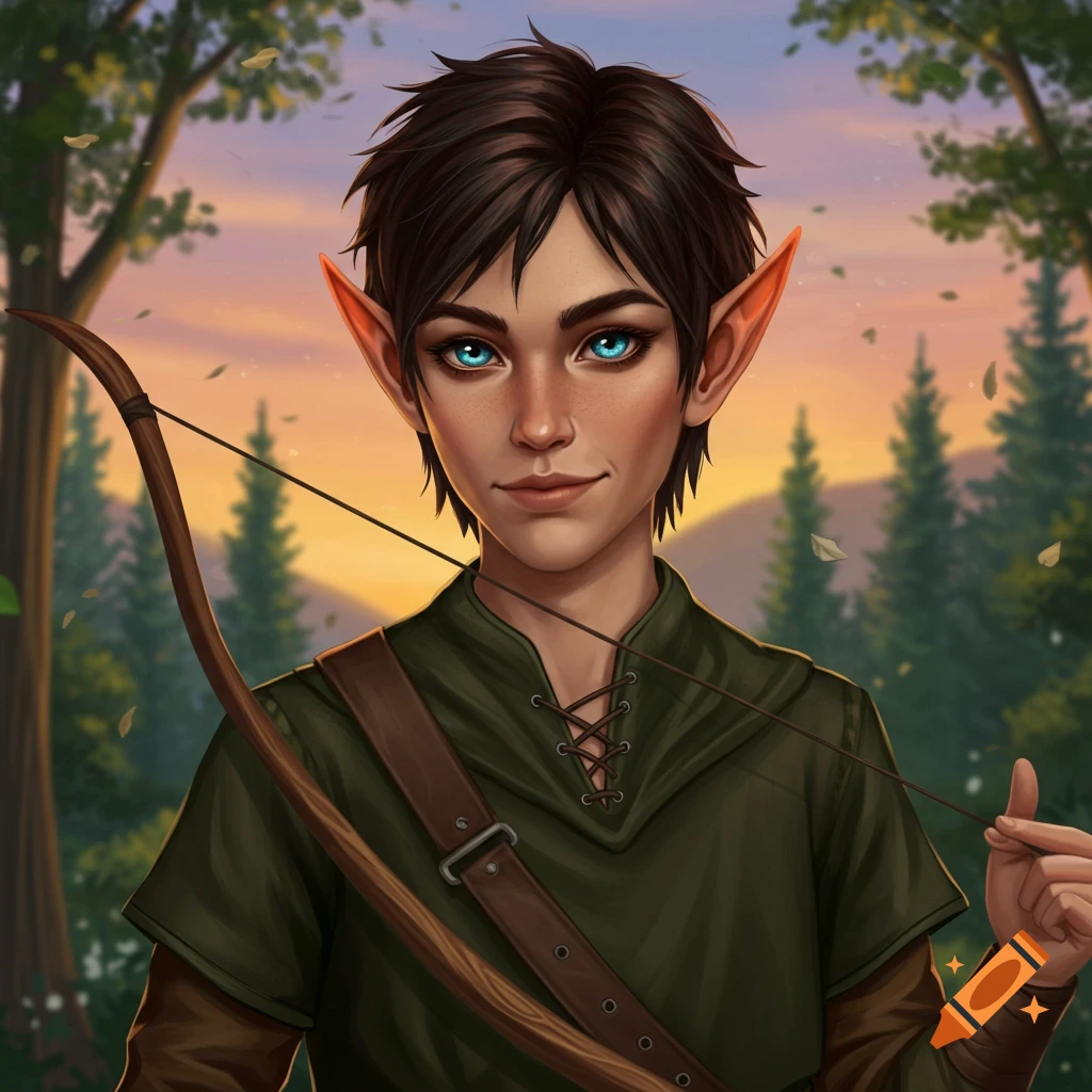 A portrait illustration of a young elf with bright blue eyes, holding a bow against a forest and sunset background.