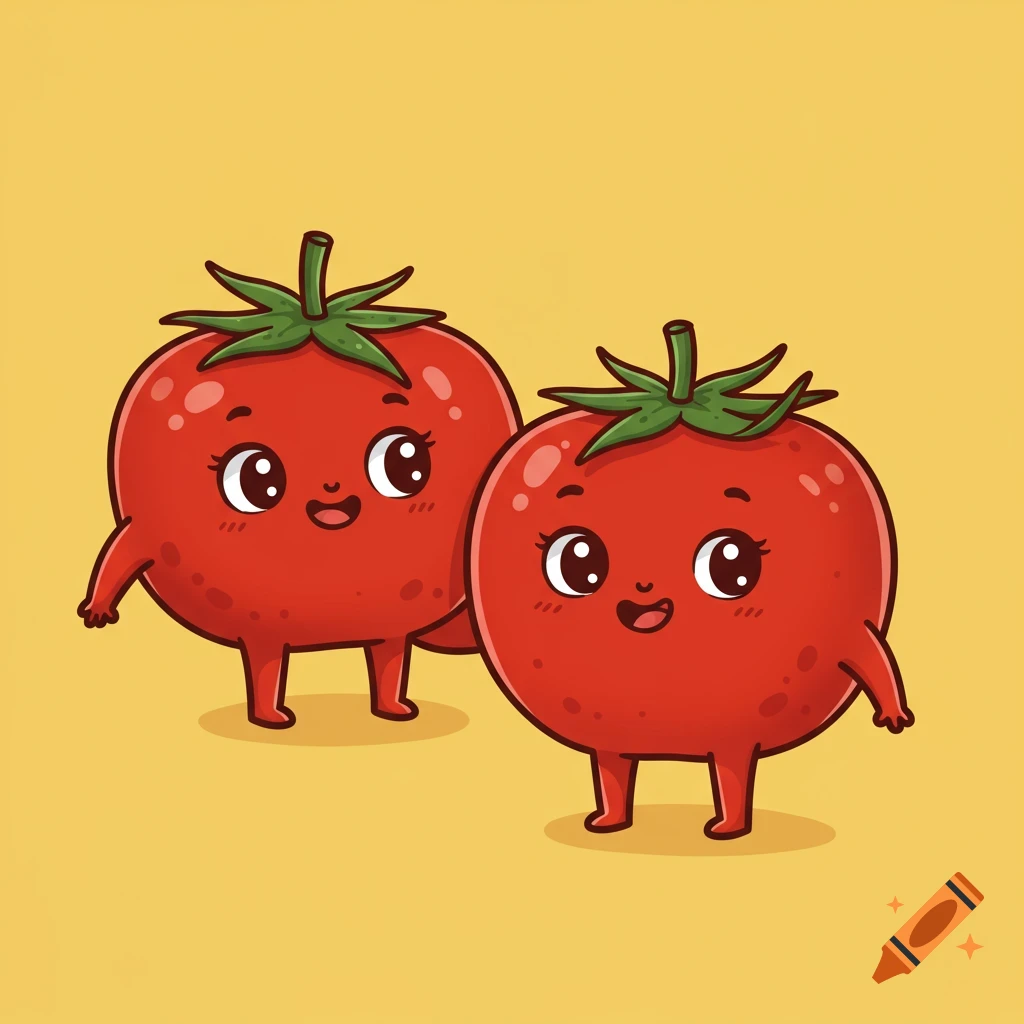 Two cute cartoon tomatoes with faces, arms, and legs stand on a yellow background.