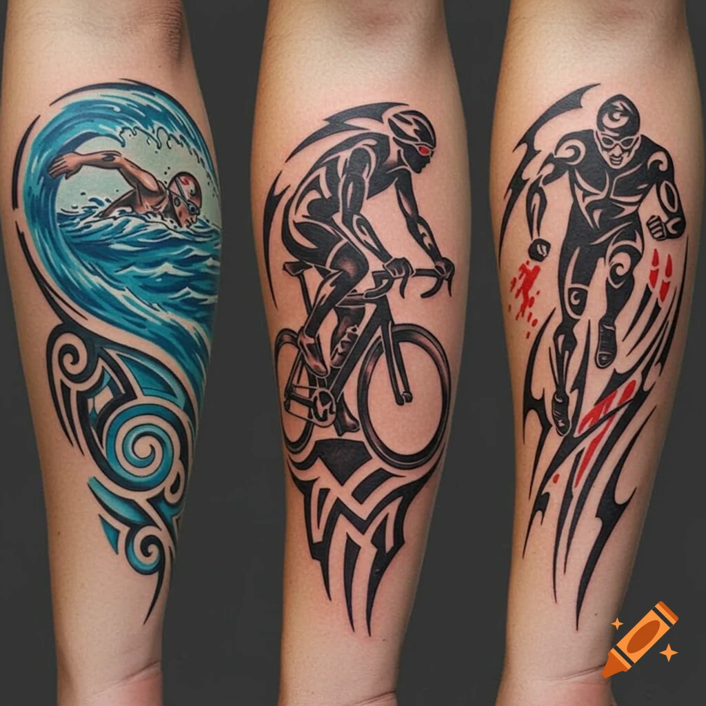 Iron Man triathlon tattoo featuring tribal run bike swim