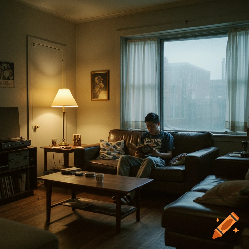 A person reads a book on a leather couch in a dimly lit apartment room with a large window and furniture, photorealistic.