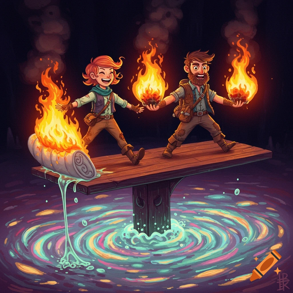 Cartoon adventurers on a plank over swirling liquid, one on a burning mattress, both holding fire.