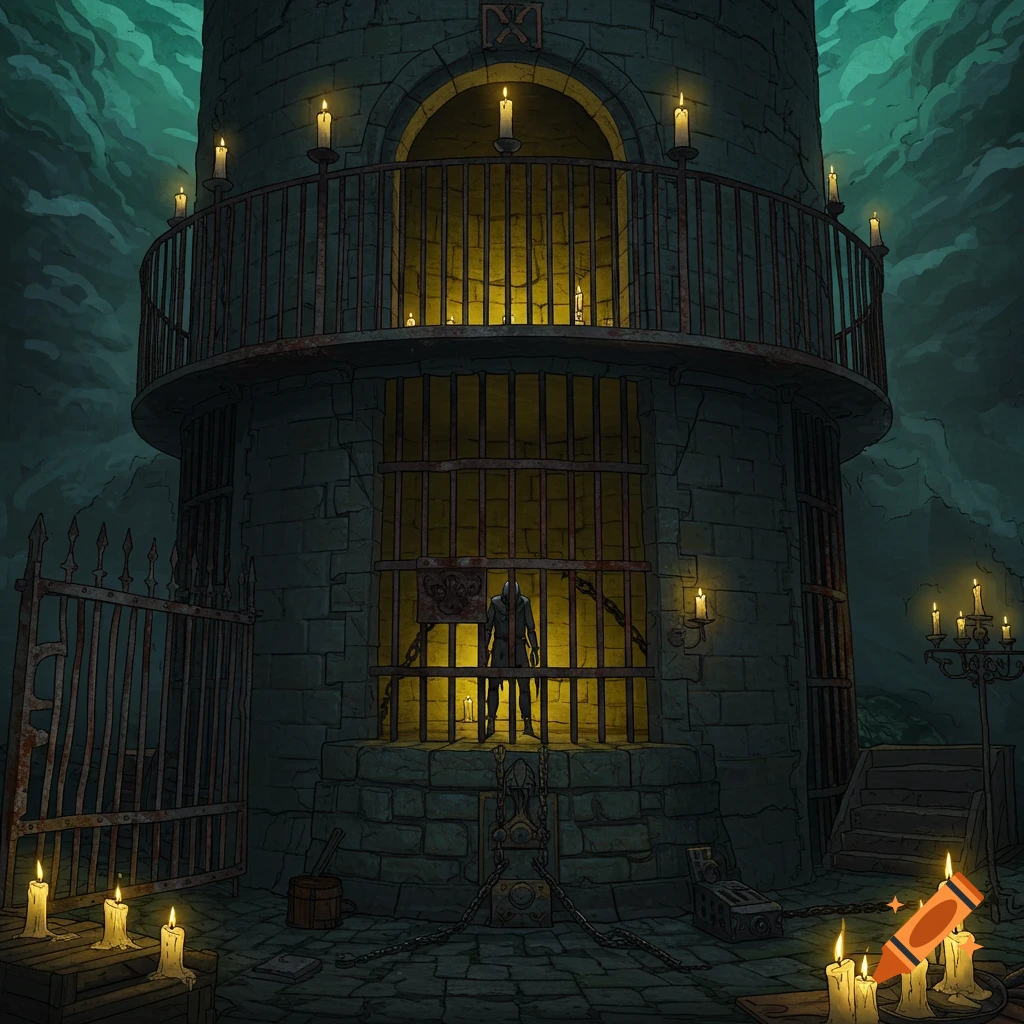 Illustration of a figure in a caged section of a dark fantasy prison tower lit by candles.