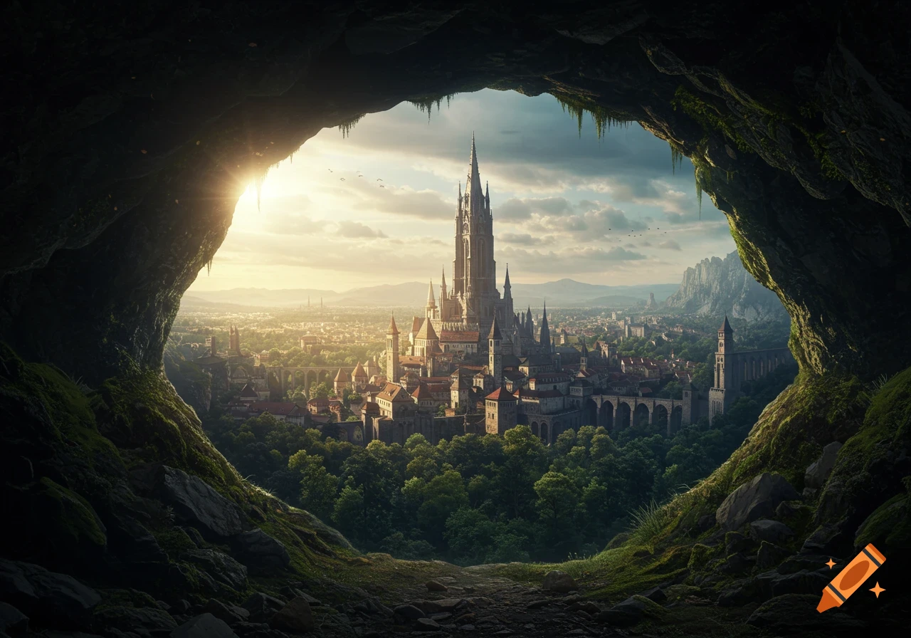 View from a cave entrance overlooking a vast fantasy medieval city with a tall central tower at sunset or sunrise.