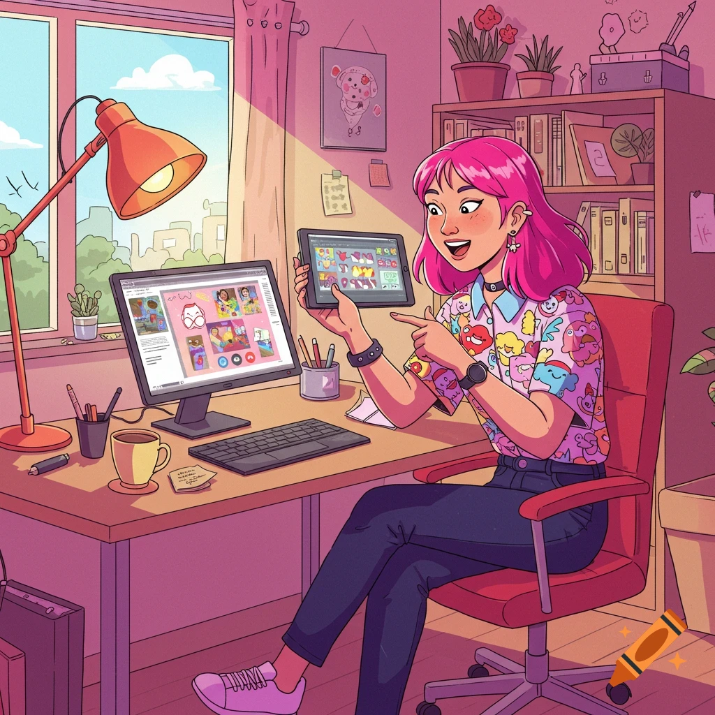 Illustration of a woman with pink hair working at a desk with a computer and tablet.