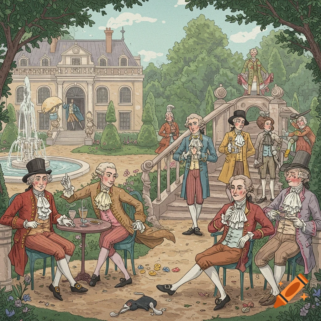 Illustration of men in 18th-century clothing in a garden outside a large house.