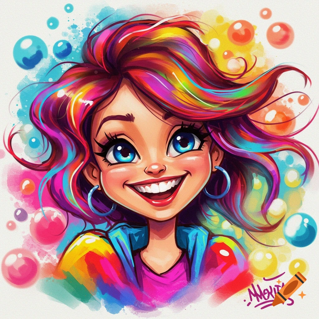Colorful cartoon portrait of a girl with vibrant rainbow hair, smiling, surrounded by bubbles in a bright, illustrative style.