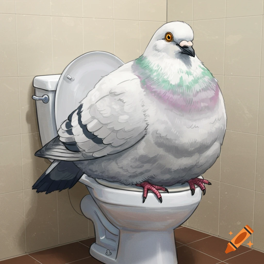 Obese pigeon on a toilet