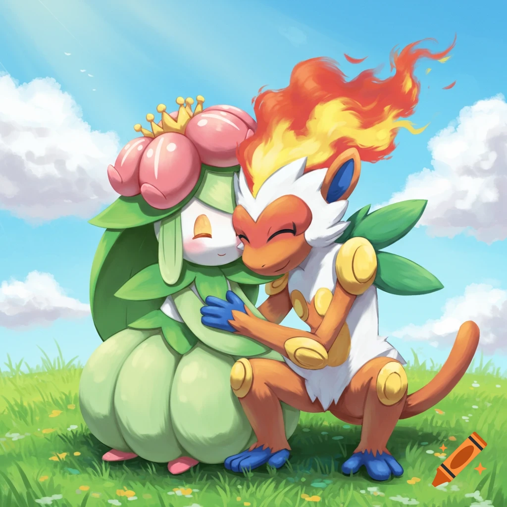 Liligant and Infernape cuddle in a grassy field under a cloudy sky. Illustration.