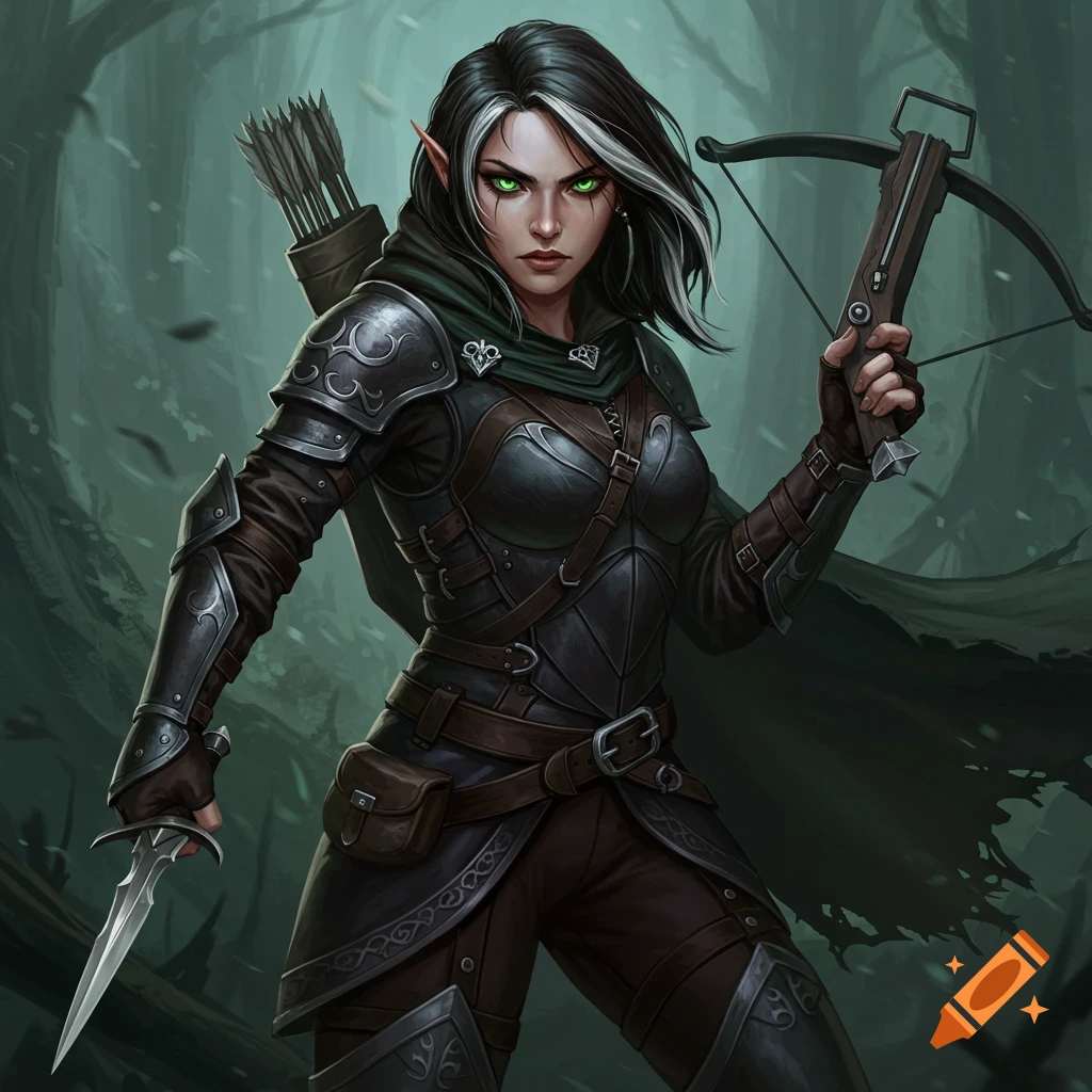 Female fantasy rogue in armor standing in a forest with a crossbow and dagger.