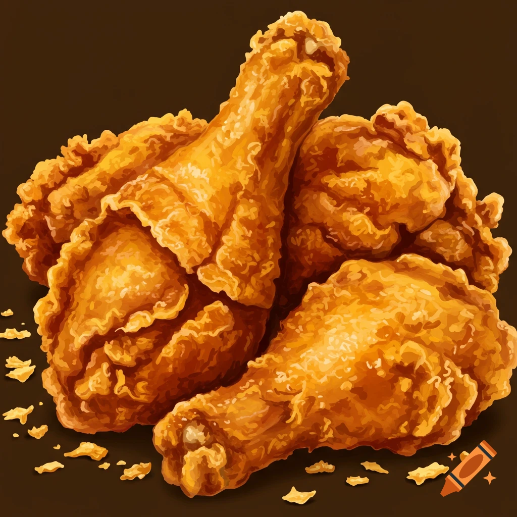 Close-up illustration of several golden fried chicken drumsticks.