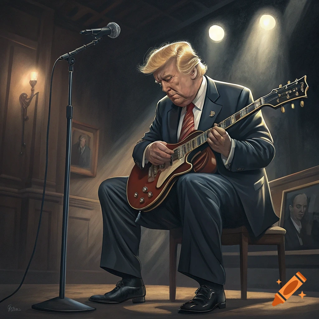 Illustrative painting of Donald Trump sitting on a chair on a stage, playing an electric guitar.