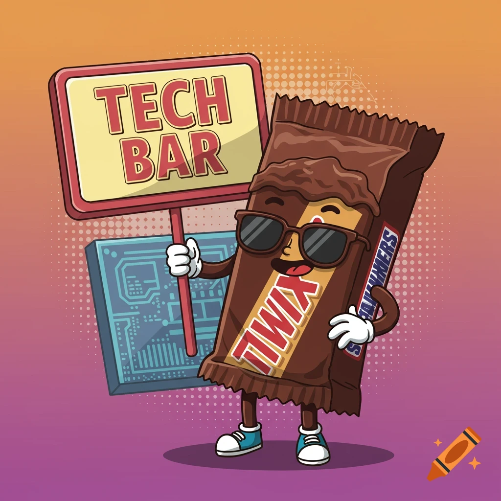 Cartoon candy bar character holding a sign that says TECH BAR next to a circuit board.