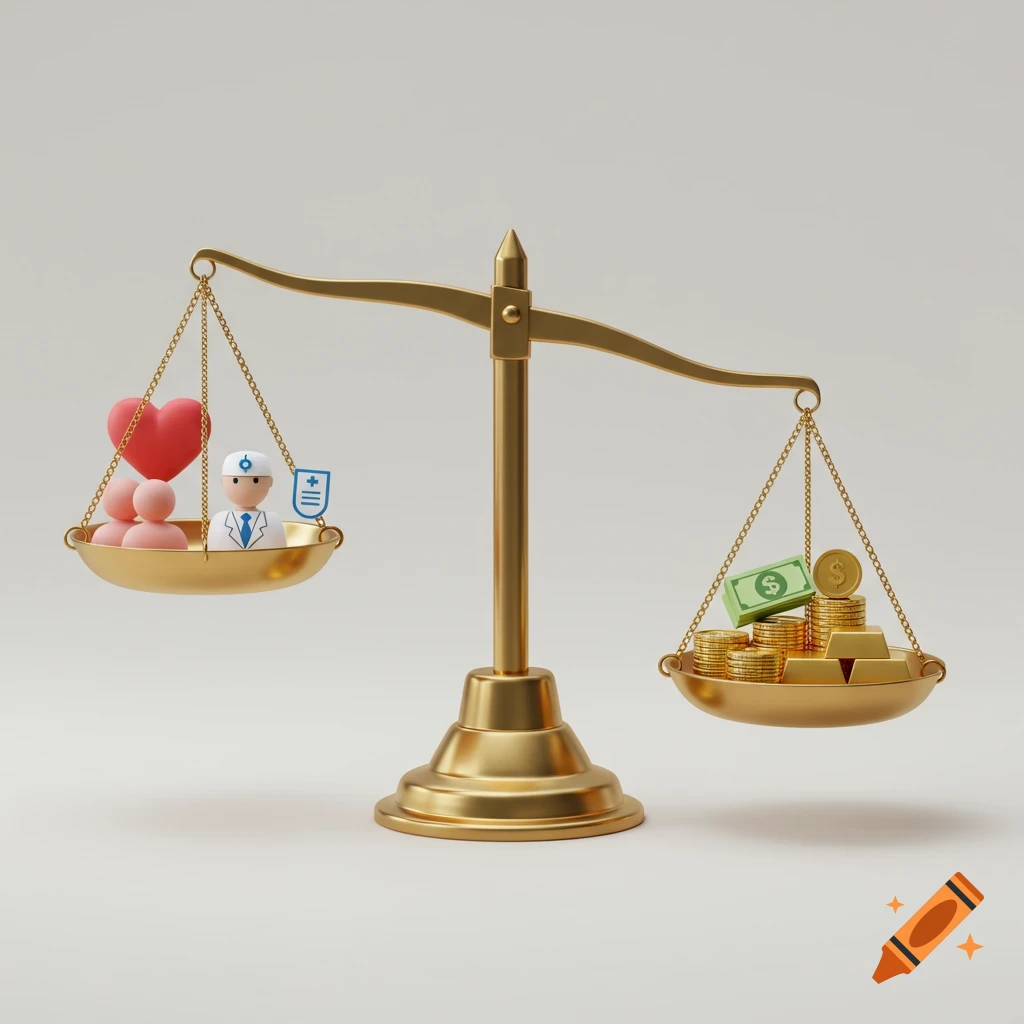 A 3D rendering of a golden balance scale balancing symbols of healthcare with money and gold.