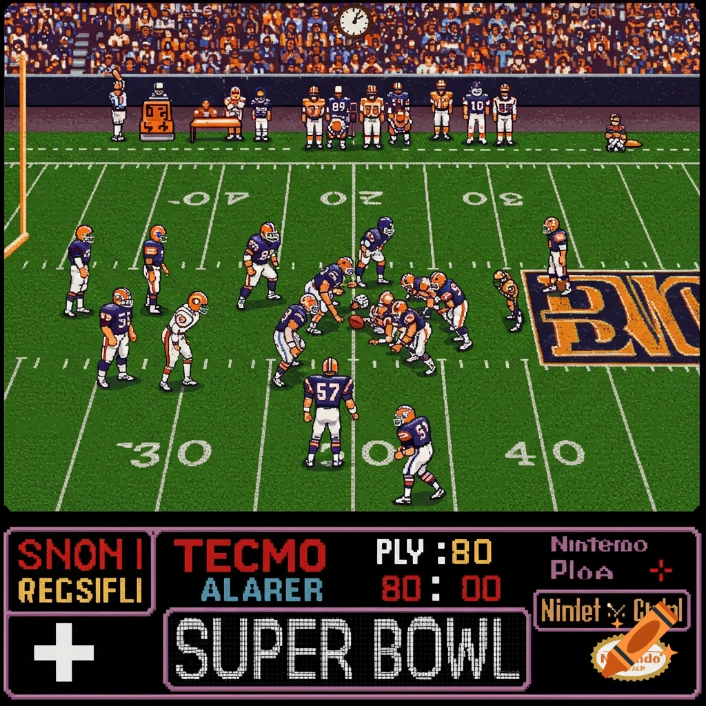 Pixel art depiction of a football game, resembling a classic 8-bit video game with a game UI at the bottom.