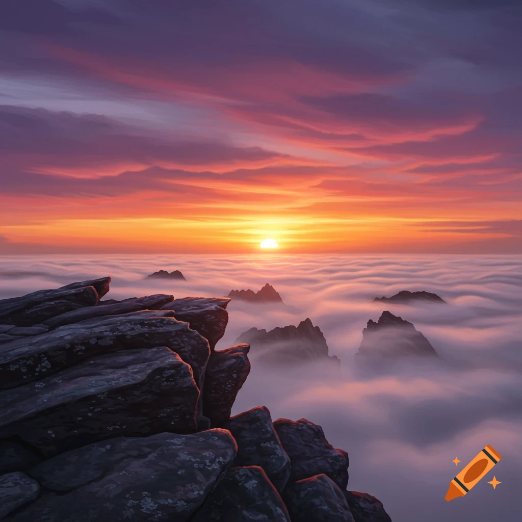 Sunset view from rocky cliff over fog-covered mountains