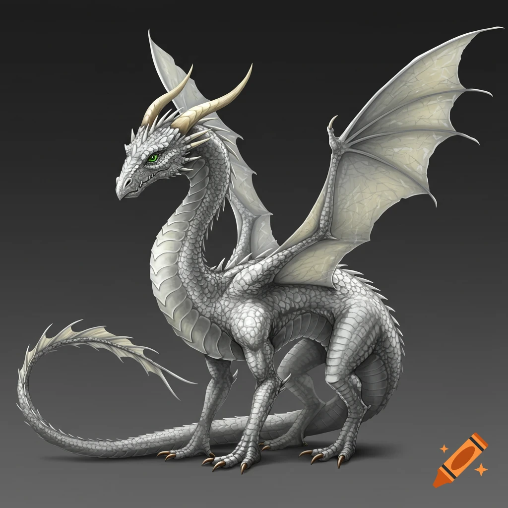 Detailed illustration of a white wyvern dragon with green eyes and white wings.