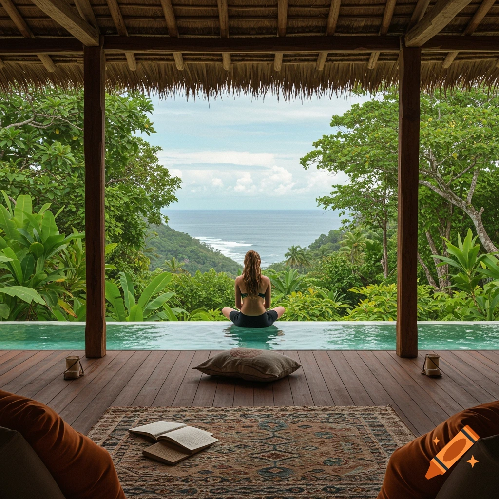 Woman meditates in infinity pool overlooking tropical jungle and ocean