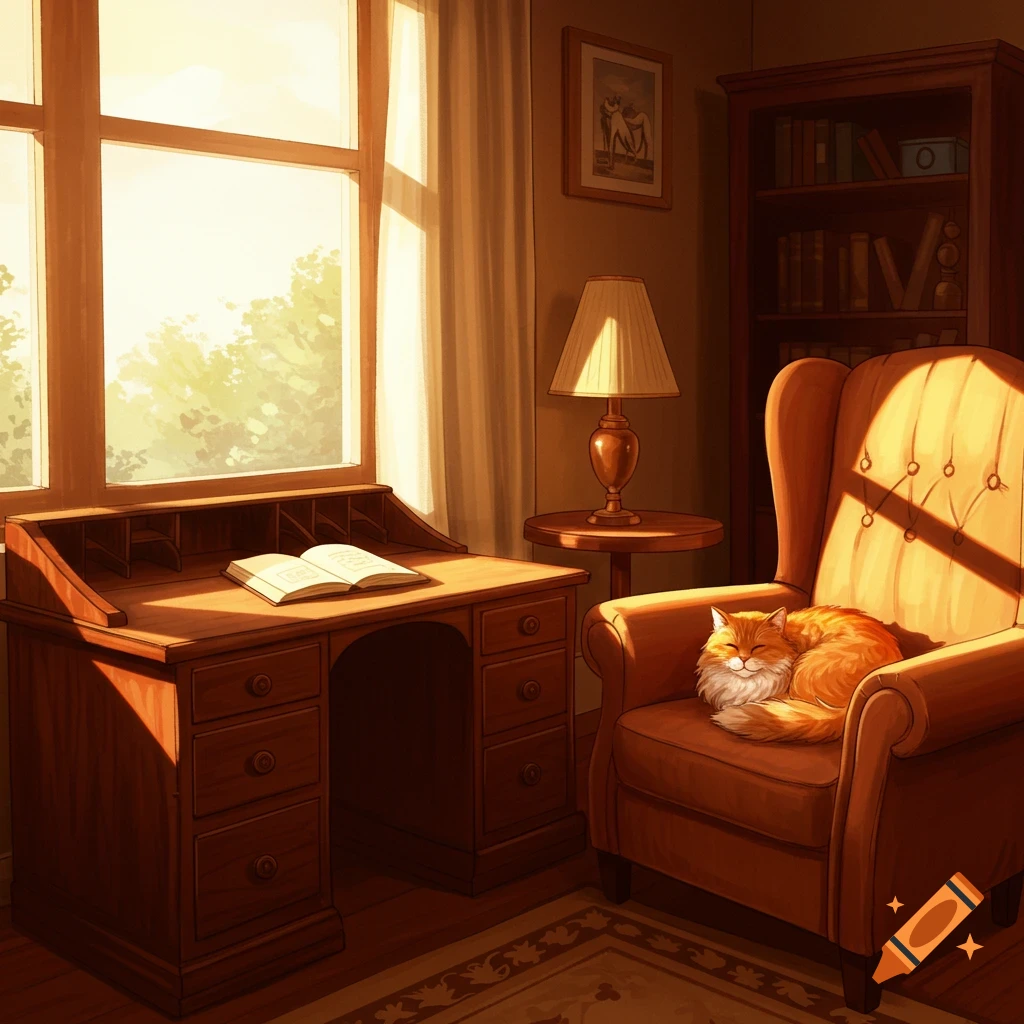 A cozy room with a wooden desk, open book, and an orange cat sleeping in a chair by a sunny window.