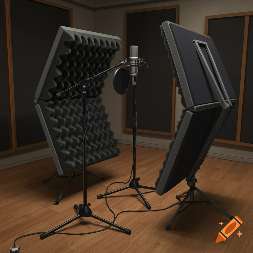 A recording studio setup with a microphone, pop filter, and folding acoustic baffles