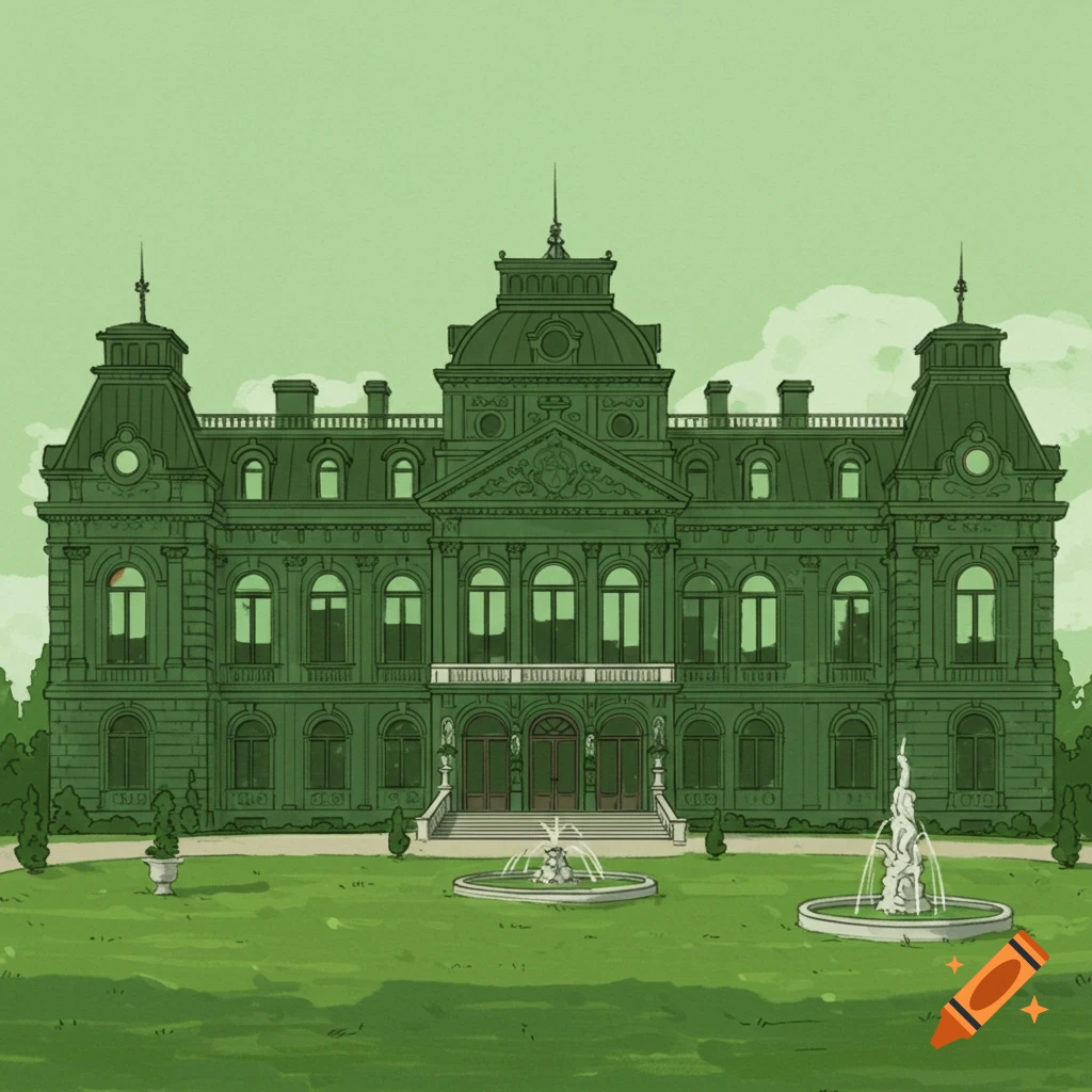 An illustration of a green mansion or palace with fountains and a lawn.