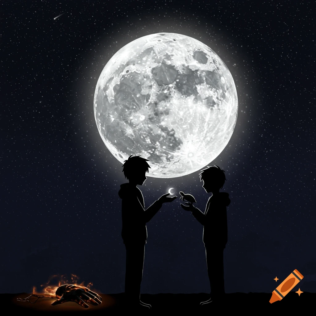 Two silhouettes stand under a large full moon at night. One holds a crescent, the other a small turtle. A burning hand is on the ground.