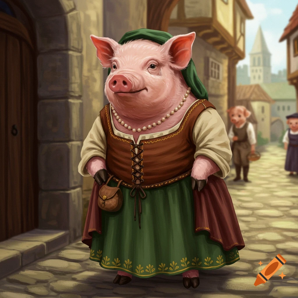 An anthropomorphic pig wearing a green medieval dress and pearl necklace walks down a cobblestone street in a fantasy town.