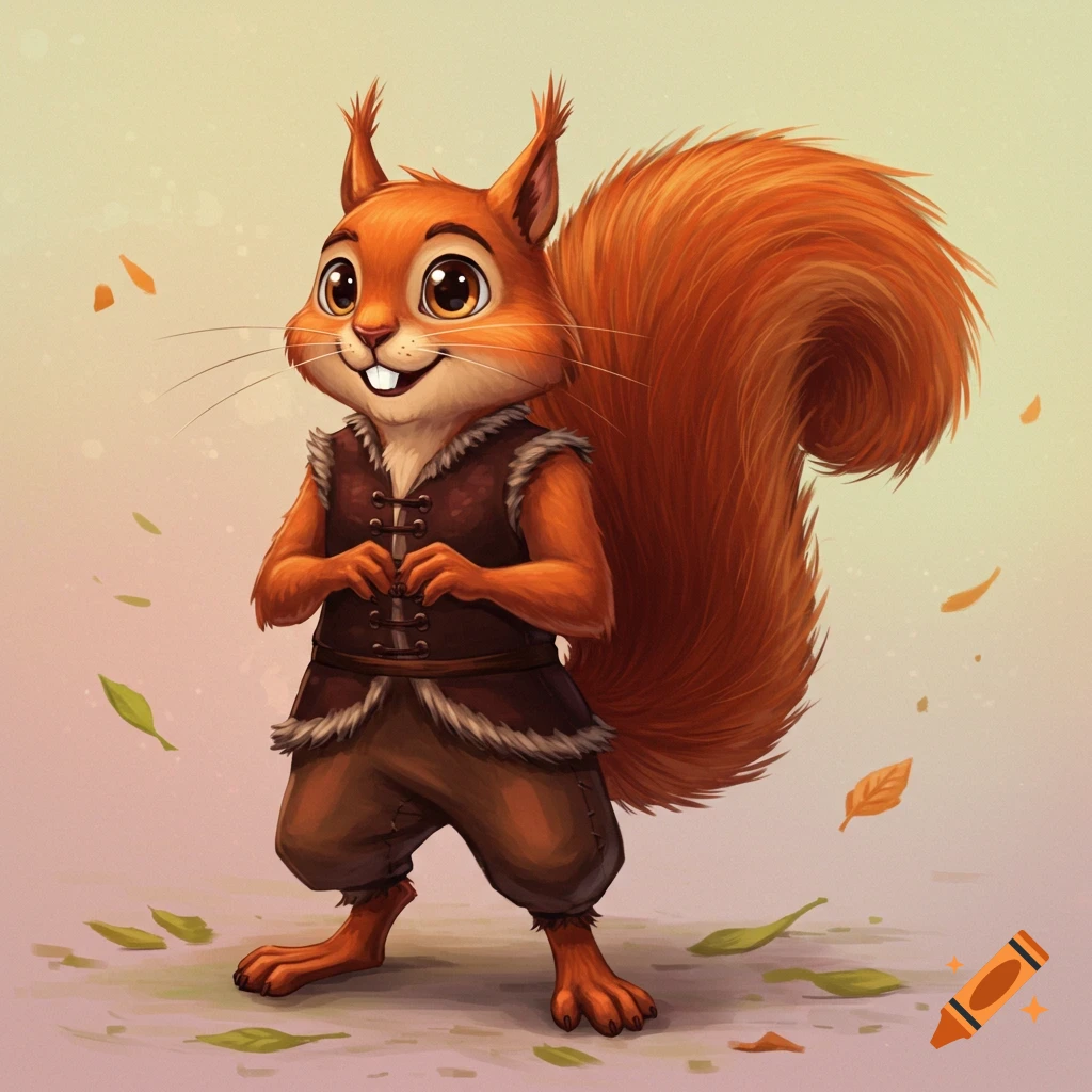 A cartoonish, humanoid squirrel wearing a vest stands among autumn leaves in an illustration.