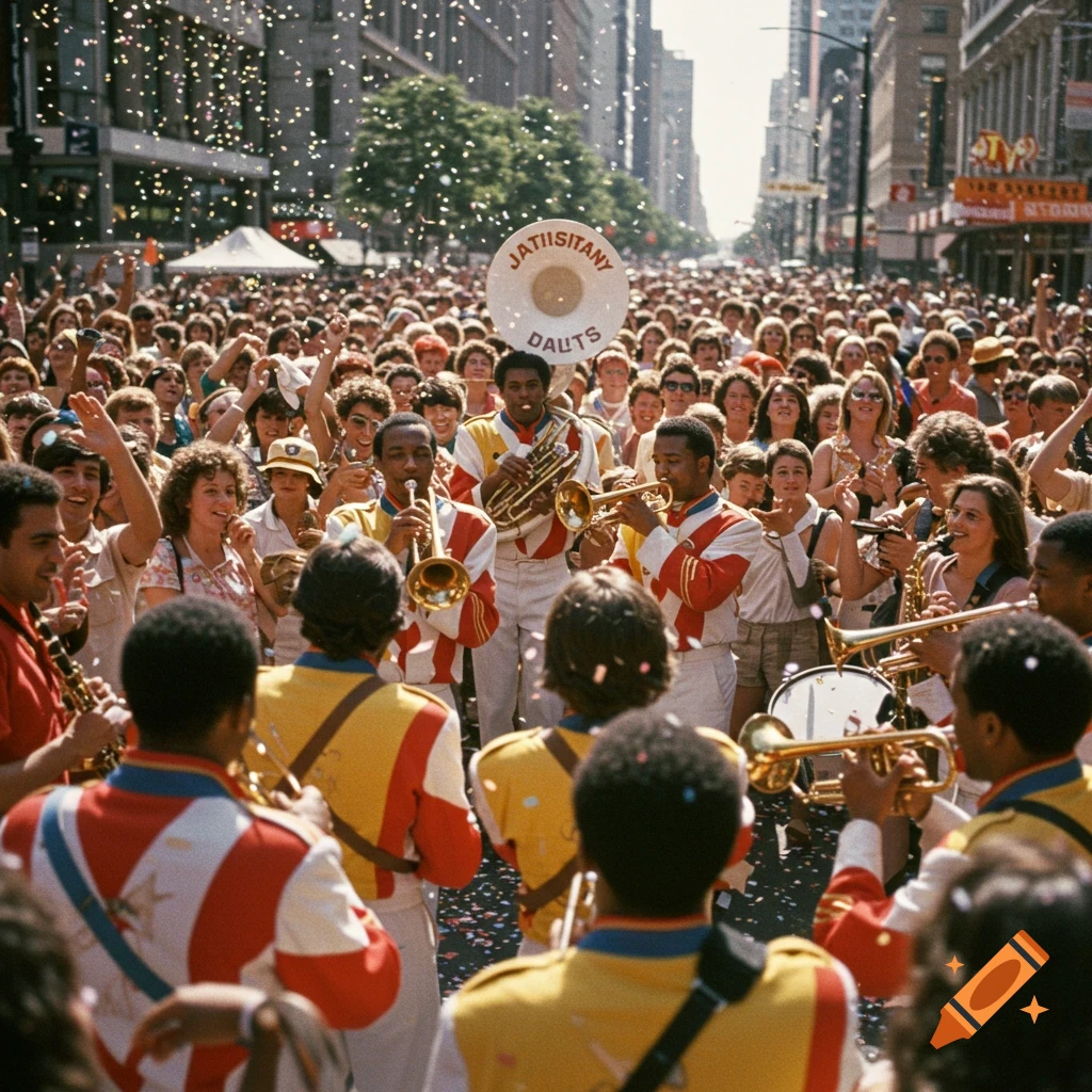 Photorealistic image of a brass band marching in a street parade with a large crowd and confetti.