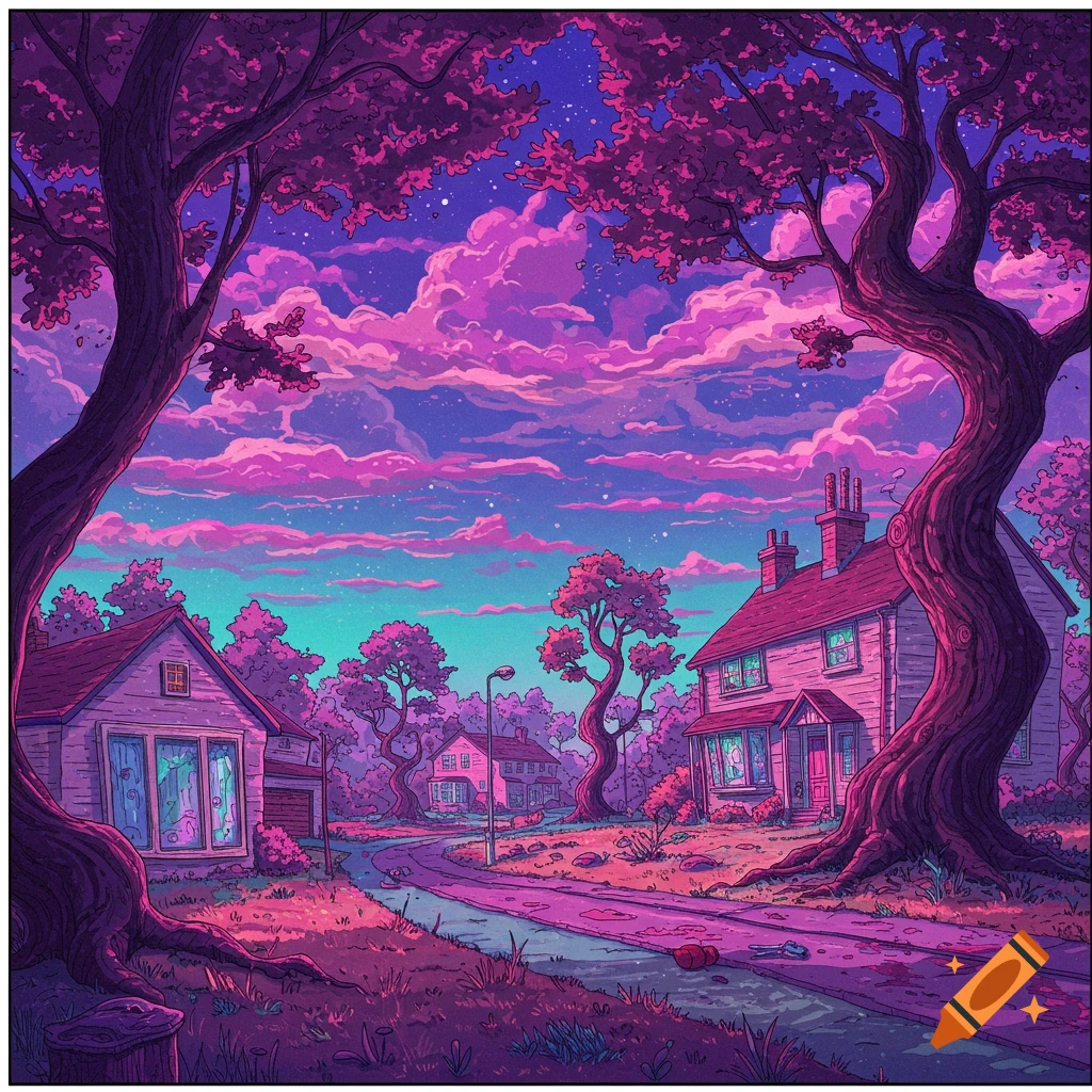 Surreal illustration of a suburban street with pink trees under a vibrant purple and teal sky.