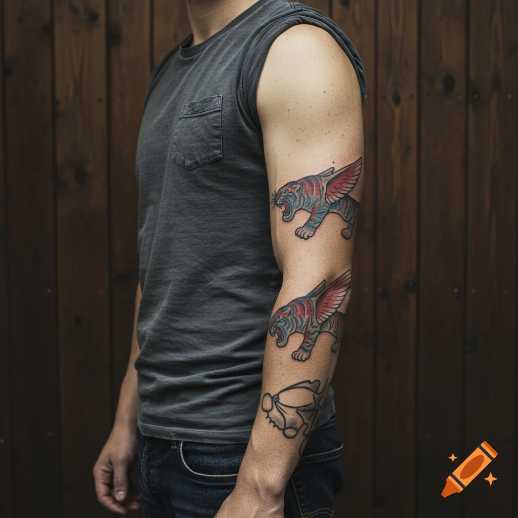 A realistic photo of a man showing a colorful Flying Tigers tattoo on ...