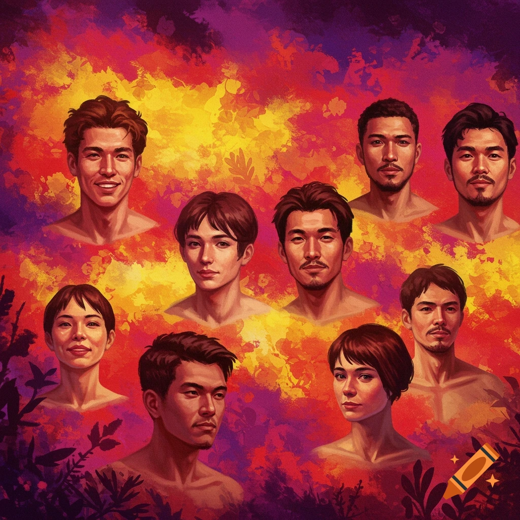 Multiple portraits of men and women on a vibrant, abstract painted background with dark foreground plants.